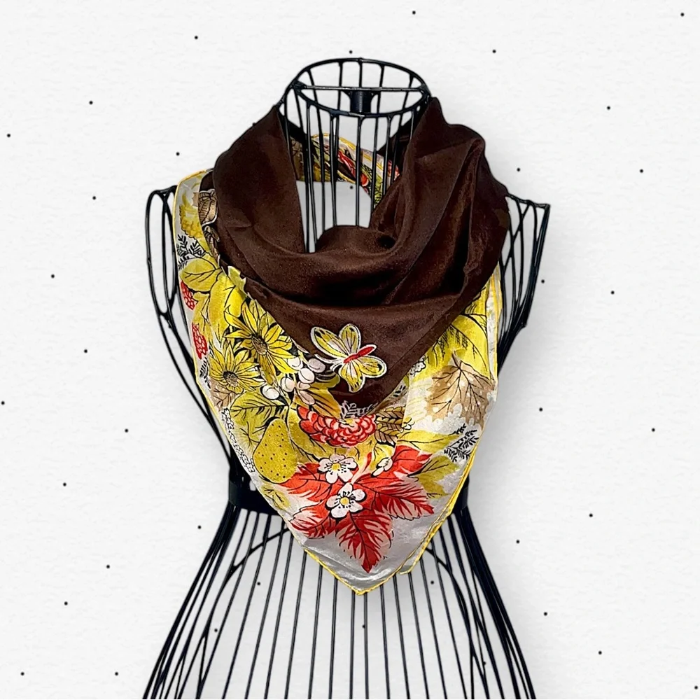 Luxury Floral Silk Scarf in Brown, Yellow & Red - Unbranded